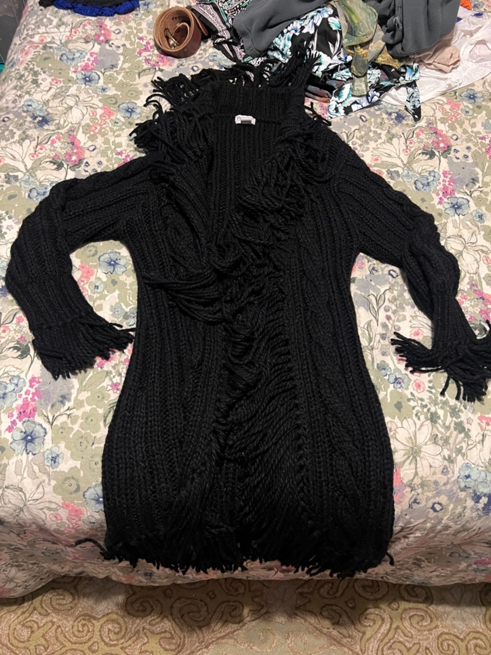 Prelude Wool Blend Black Fringe Open-Front Cable Knit Women's duster Sweater